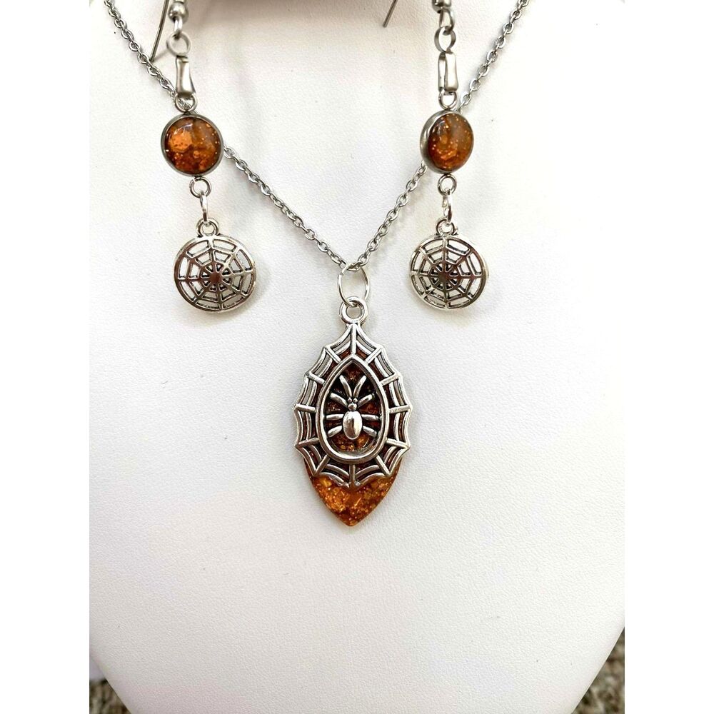 Handmade Gothic Spider Web Jewelry Set – Silver Tone with Orange Glitter Accents - Picture 1 of 5